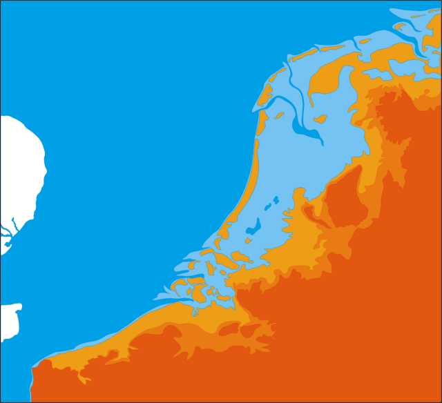 Hoogtekaart van Nederland en Vlaanderen.